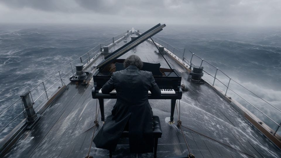 Pianist on the bow of a ship in a storm; changing views of ocean, hands and performer.
